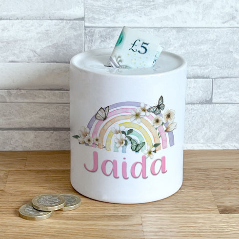 Personalised Ceramic White Money Box Coin Bank - Butterflies and rainbow