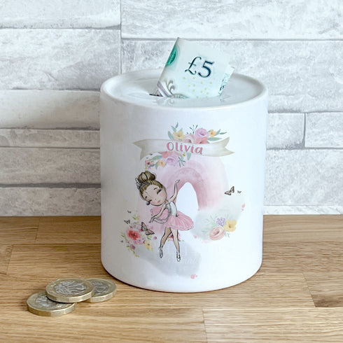 Personalised Ceramic White Money Box Coin Bank - Ballerina Dancer with pink rainbow