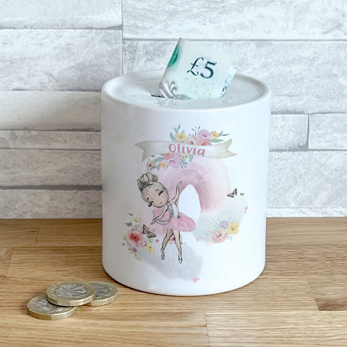 Personalised Ceramic White Money Box Coin Bank - Gorgeous Pink Rainbow with a Ballerina dancer girl