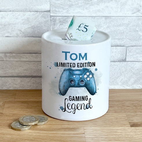 Personalised Ceramic White Money Box Coin Bank - Blue Gaming Gamer Remote Control