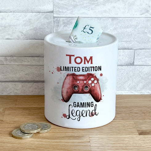 Personalised Ceramic White Money Box Coin Bank - Red Gaming Gamer Remote Control