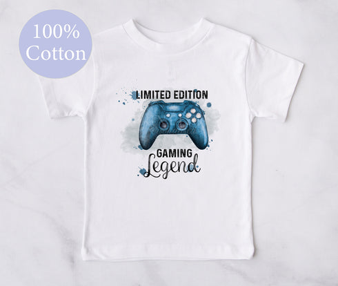 Blue boys gamer controller watercolour theme Name text Children's Toddler White T-shirt 100% cotton Jersey