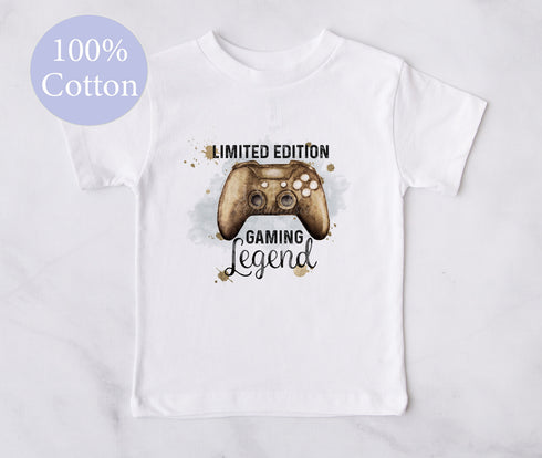 Gold boys gamer controller watercolour theme Name text Children's Toddler White T-shirt 100% cotton Jersey