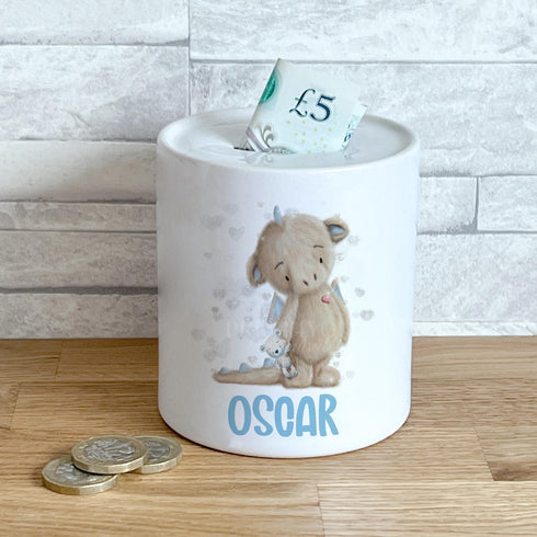 Personalised Ceramic White Money Box Coin Bank - Baby Dragon Cream Blue or Pink, New baby, First birthday, Christening Gift