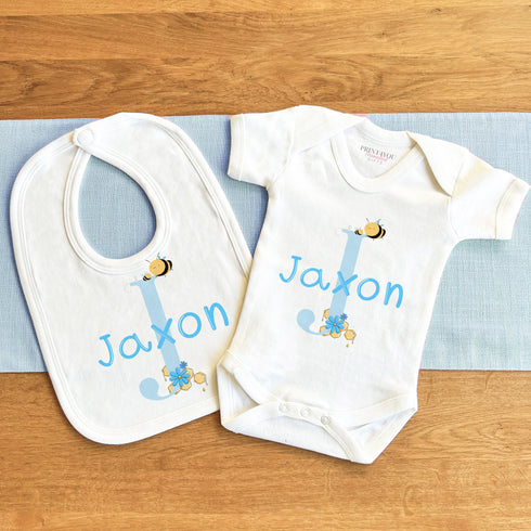 Personalised Baby and Toddler white Body suit and vest, New Baby Gift Set, Boys Blue Alphabet Letter Bumble Bee