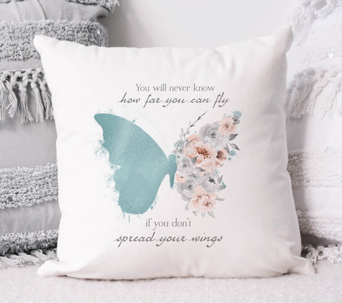 Just when the Caterpillar thought life was over, Beautiful teal Butterfly Personalised Gift Cushion