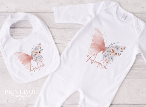 Personalised Baby day suit, Blush Butterfly design, Babies New Baby Clothing Gift Set, White Romper Onsie babygrow