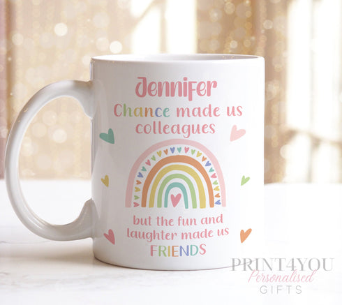 Pink trim mug Chance made us colleagues but the fun and laughter made us friends, with name personalised