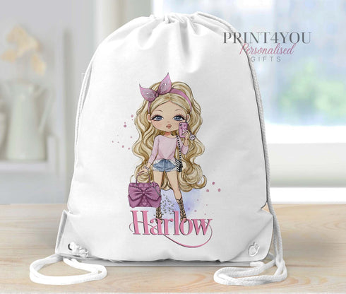 Personalised School PE / Gym / Swim Bag, Back to School kids drawstring bag, Water resistant bag for boys, Fashion Girl With handbag