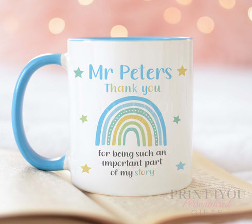 Personalised Thank You mug, Gift ideas Teachers, Personalised Gift Mug, Childminder or Foster Carer gifts, important Story Blue Rainbow