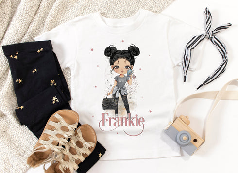 Children's White Cotton Personalised T-shirt - Fashion Girl Variations with Phone and handbag