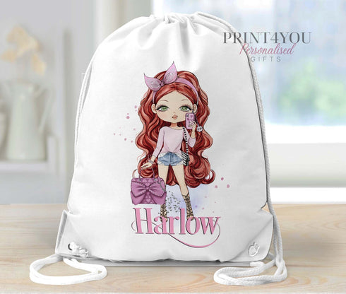 Personalised School PE / Gym / Swim Bag, Back to School kids drawstring bag, Water resistant bag for boys, Fashion Girl With handbag