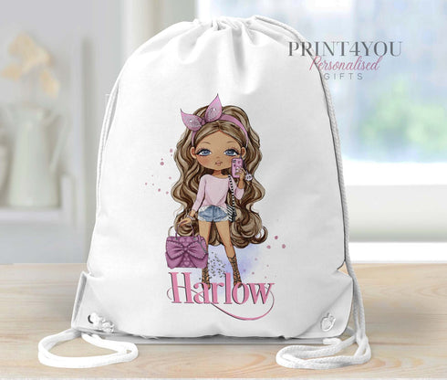 Personalised School PE / Gym / Swim Bag, Back to School kids drawstring bag, Water resistant bag for boys, Fashion Girl With handbag