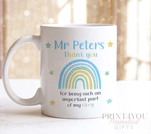 Personalised Thank You mug, Gift ideas Teachers, Personalised Gift Mug, Childminder or Foster Carer gifts, important Story Blue Rainbow
