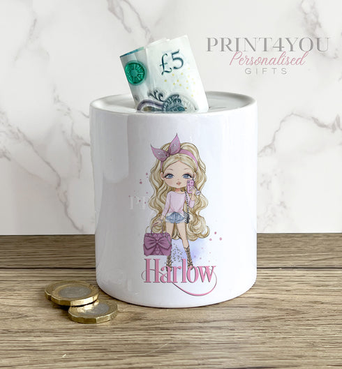 Personalised Ceramic White Money Box Coin Bank - Pink Girls with a Handbag