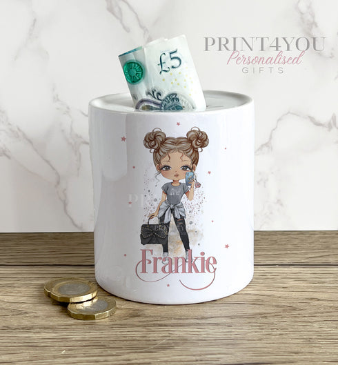 Personalised Ceramic White Money Box Coin Bank - Fashion Girl with a Handbag