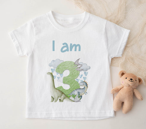 Children's White Cotton Personalised Birthday T-shirt - Dinosaur Design, Name is ONE First Birthday, Two Three Four Five Sixth Birthday