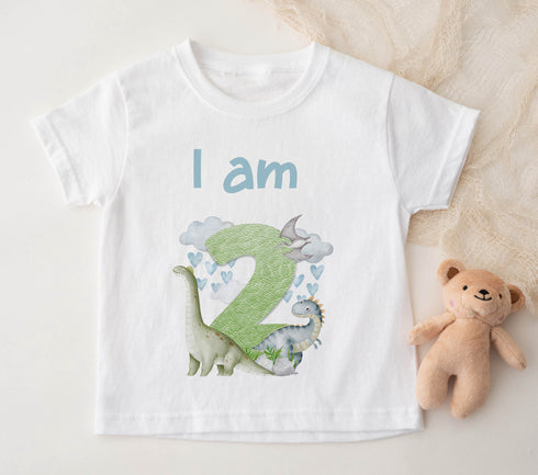 Children's White Cotton Personalised Birthday T-shirt - Dinosaur Design, Name is ONE First Birthday, Two Three Four Five Sixth Birthday