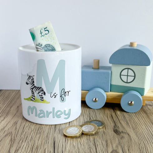 Personalised Ceramic White Money Box Coin Bank - Safari Animals alphabet