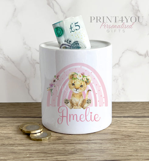 Personalised Ceramic White Money Box Coin Bank - Pink Rainbow with Safari Lion for Girls