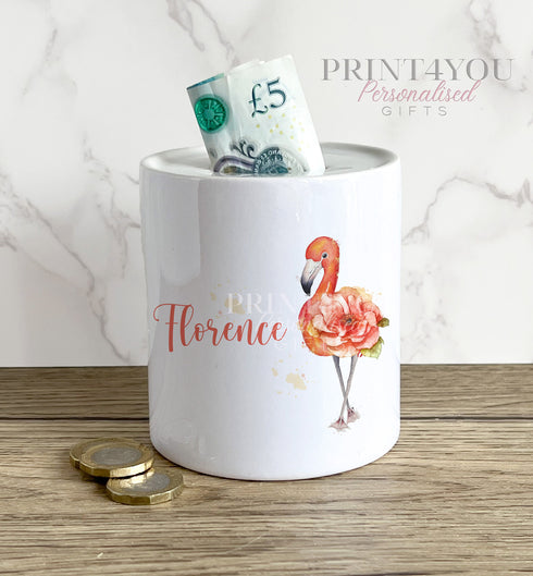 Personalised Ceramic White Money Box Coin Bank - Floral Flamingo, Gift for Older Girls