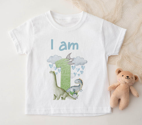 Children's White Cotton Personalised Birthday T-shirt - Dinosaur Design, Name is ONE First Birthday, Two Three Four Five Sixth Birthday