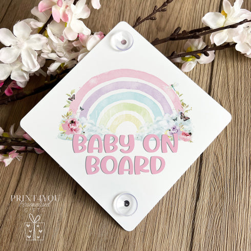 Baby on Board Aluminium Car Window Safety Sign | Polite Driver Notice | Kids Car Accessories | Pink Pastel Rainbow and Butterflies