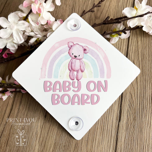Baby on Board Aluminium Car Window Safety Sign | Polite Driver Notice | Kids Car Accessories | Pink Pastel Rainbow Teddy Bear