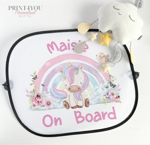 Personalised Children's Car Sun Shade Visor - Unicorn and Rainbow, Baby on Board
