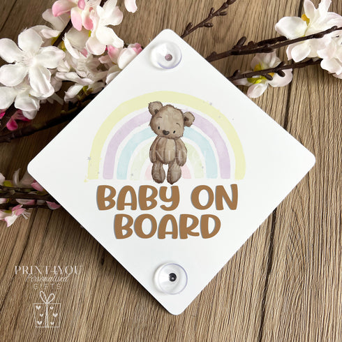 Baby on Board Aluminium Car Window Safety Sign | Polite Driver Notice | Kids Car Accessories | Brown Pastel Rainbow Teddy Bear