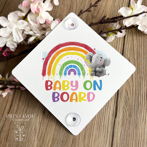 Baby on Board Aluminium Car Window Safety Sign | Polite Driver Notice | Kids Car Accessories | Rainbow and Elephant Design