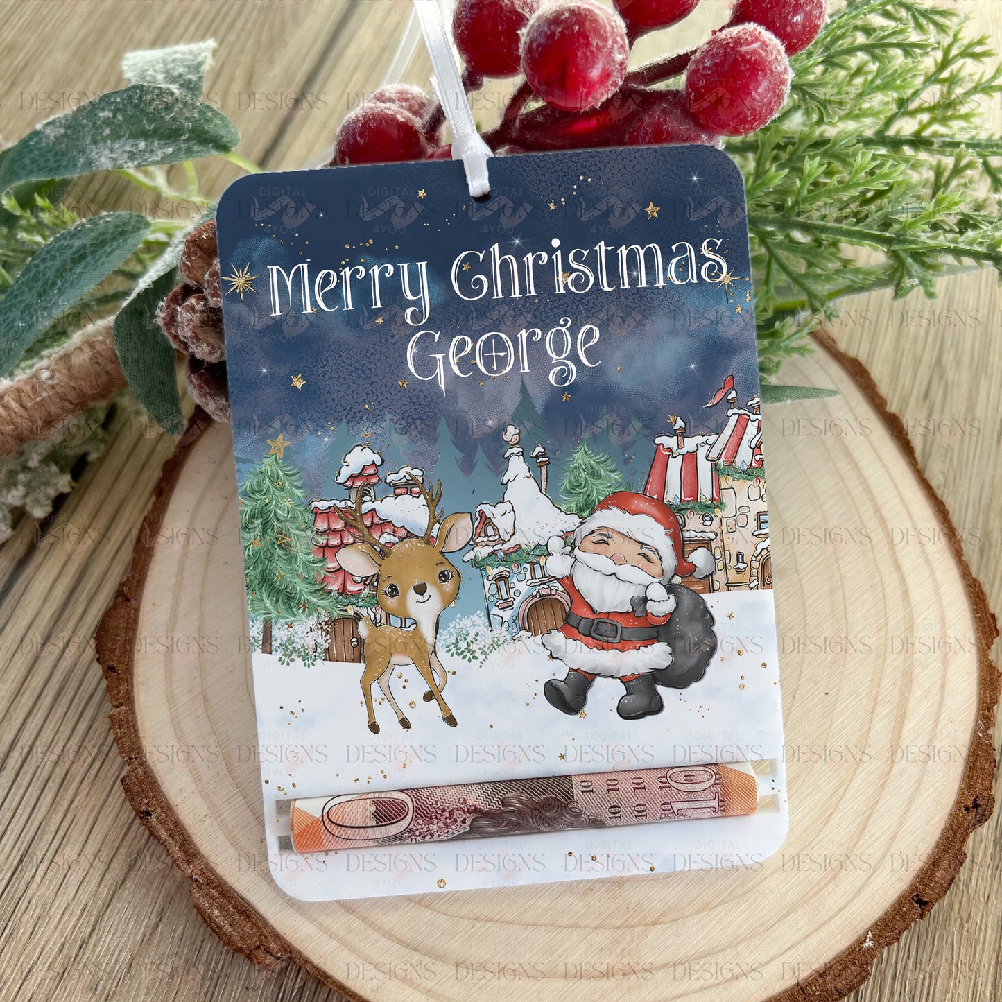 Personalised Santa & Snowman Christmas Tree Money Holder – Acrylic Decoration, Custom Name