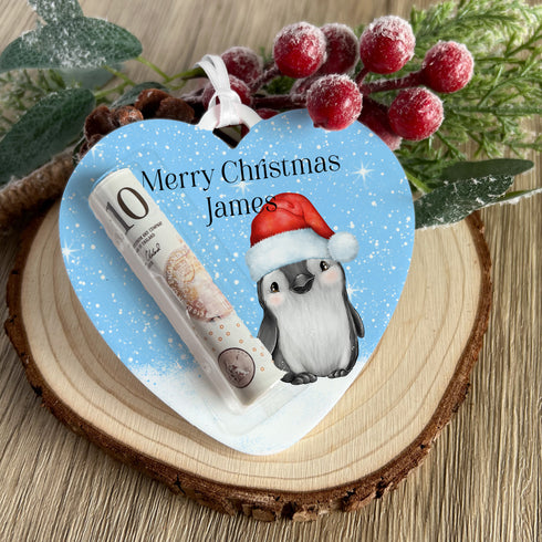 Santa / Father Christmas Heart Personalised Christmas Tree Money holder, Acrylic Christmas Decoration, Money Pouch