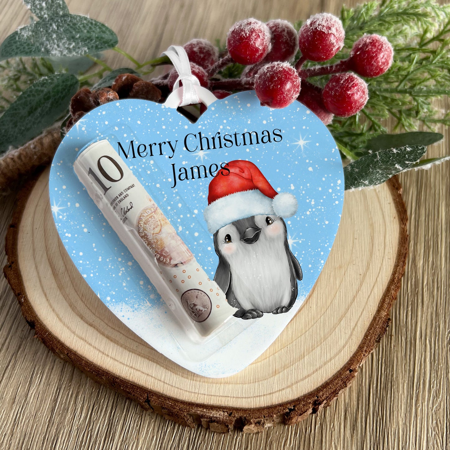 Personalised Reindeer Heart Christmas Tree Money Holder – Acrylic Money Pouch, Custom Name
