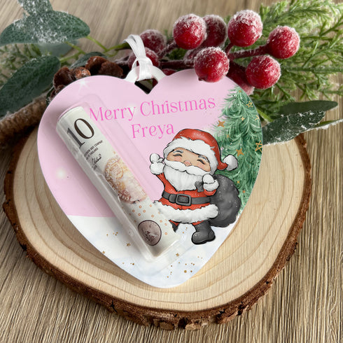 Pink Polar Bear Heart Personalised Christmas Tree Money holder, Acrylic Christmas Decoration, Money Pouch
