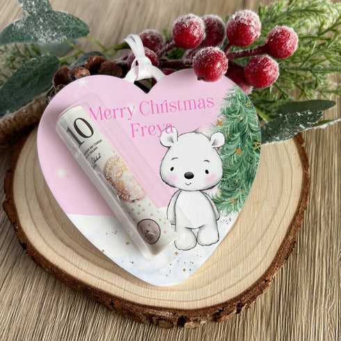 Pink Teddy Bear Heart Personalised Christmas Tree Money holder, Acrylic Christmas Decoration, Money Pouch