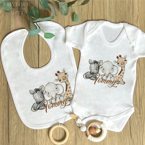 Personalised Baby and Toddler white Body suit and vest, New Baby Gift Set, Safari Jungle Animals