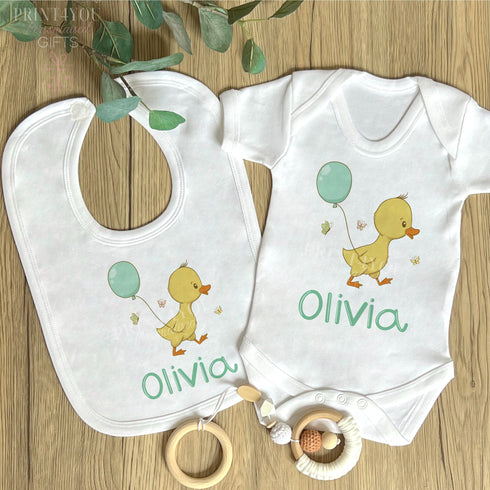 Personalised Baby and Toddler white Body suit and vest, New Baby Gift Set, Cute Duck baby set
