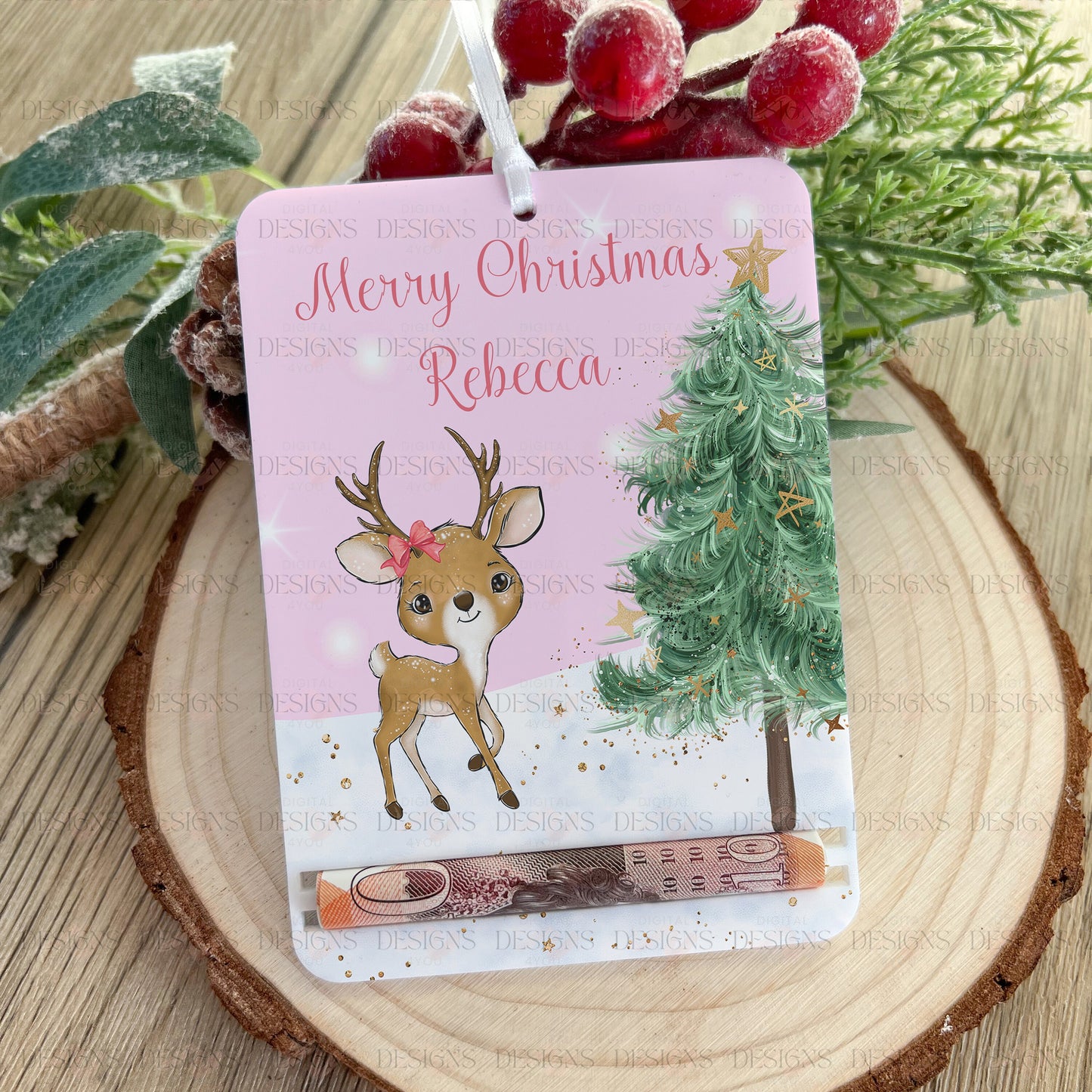 Personalised Reindeer Christmas Tree Money Holder – Acrylic Money Pouch, Custom Name