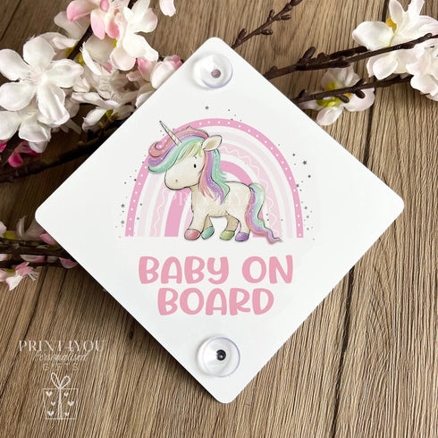 Baby on Board Aluminium Car Window Safety Sign | Polite Driver Notice | Kids Car Accessories | Unicorn Rainbow