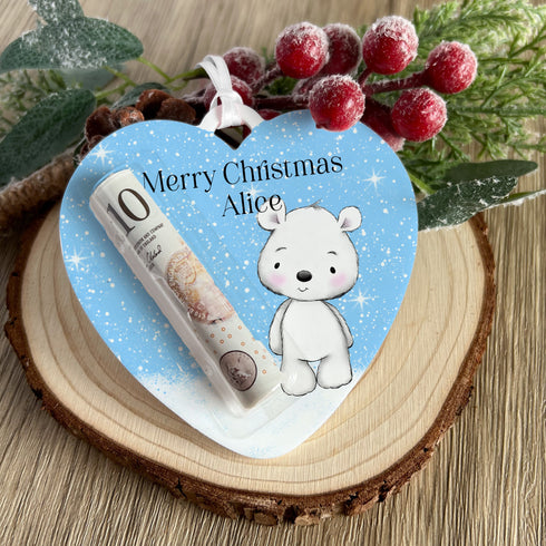 Santa / Father Christmas Heart Personalised Christmas Tree Money holder, Acrylic Christmas Decoration, Money Pouch