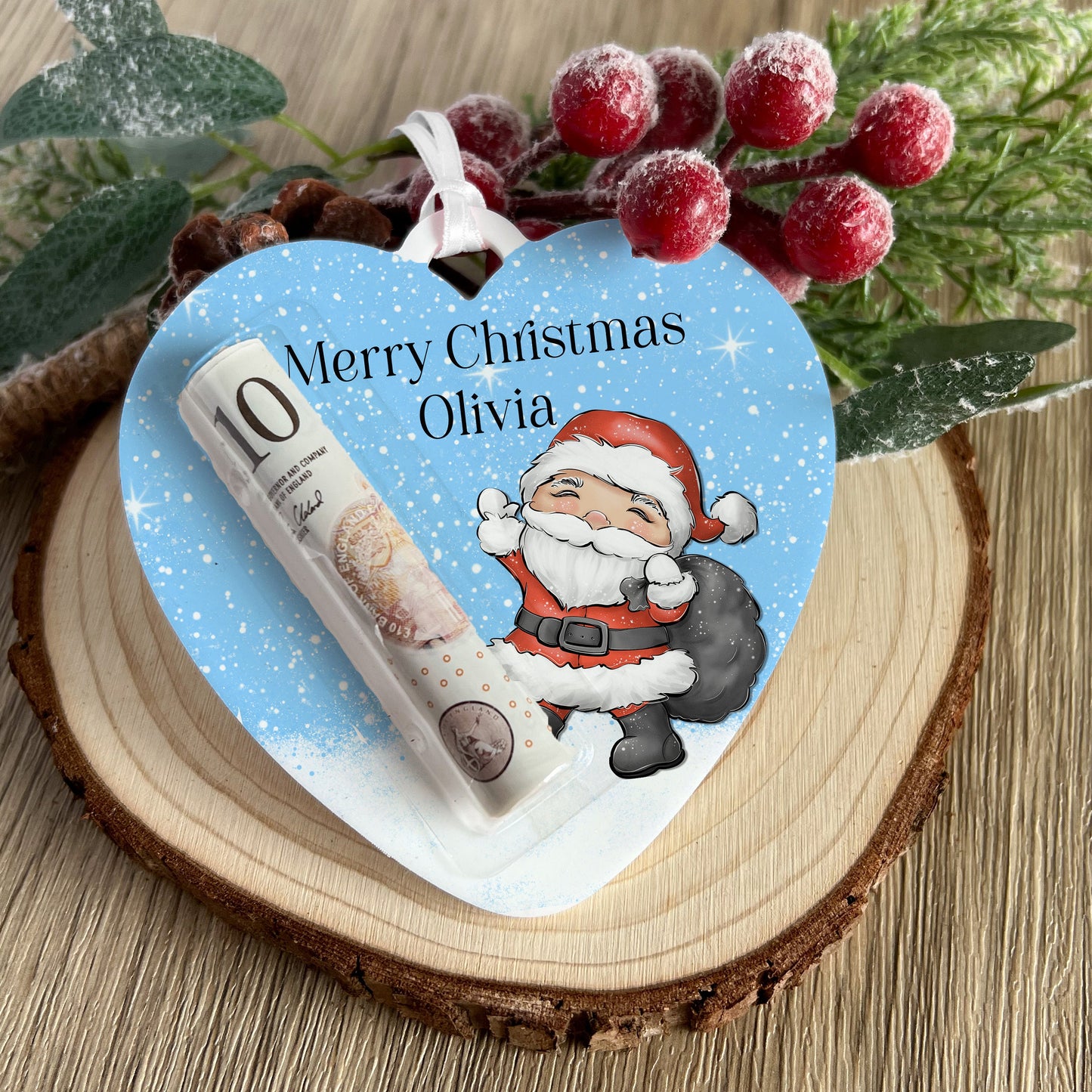 Personalised Penguin Heart Christmas Money Holder – Acrylic Tree Decoration, Custom Name