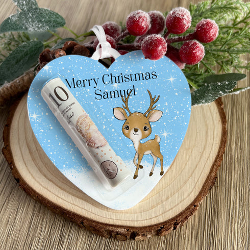 Reindeer Heart Personalised Christmas Tree Money holder, Acrylic Christmas Decoration, Money Pouch