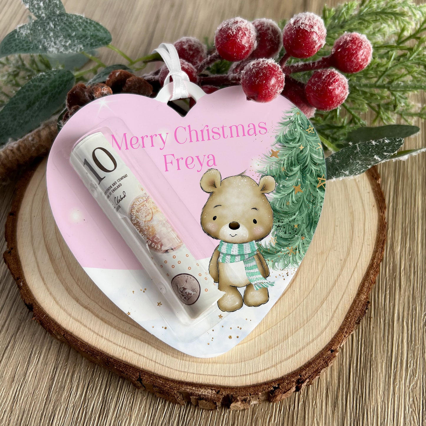 Personalised Pink Santa Heart Christmas Money Holder – Acrylic Tree Decoration, Custom Name