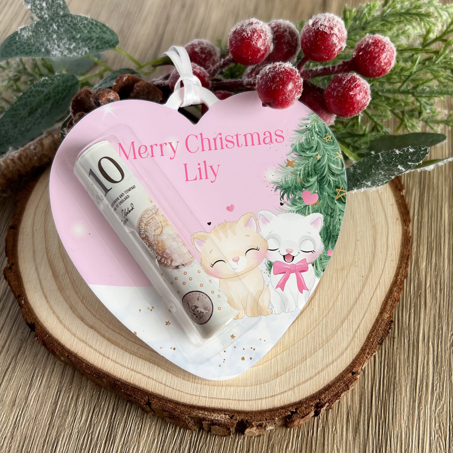 Personalised Pink Kittens Heart Christmas Tree Money Holder – Acrylic Money Pouch, Custom Name