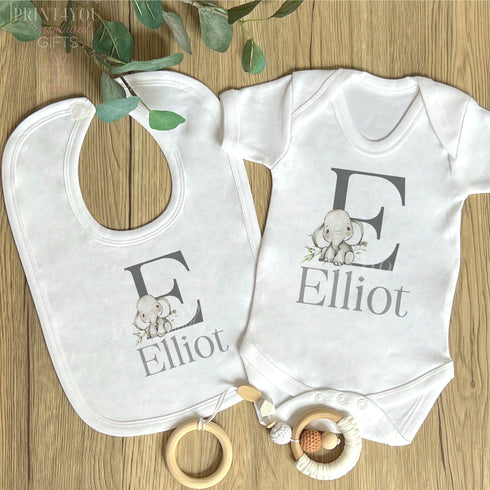 Personalised Baby and Toddler white Body suit and vest, New Baby Gift Set, Safari jungle Elephant Alphabet Letter and Name