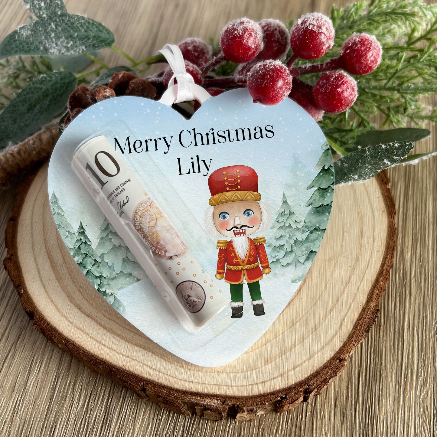 Personalised Nutcracker Heart Christmas Money Holder – Acrylic Tree Decoration, Custom Name