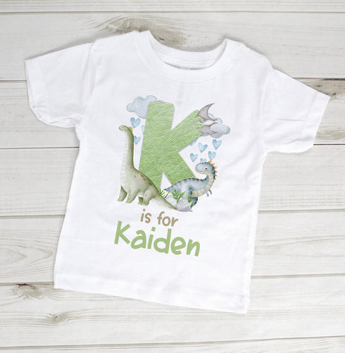 Children's White Cotton Personalised T-shirt - Dinosaur Alphabet Letter and name