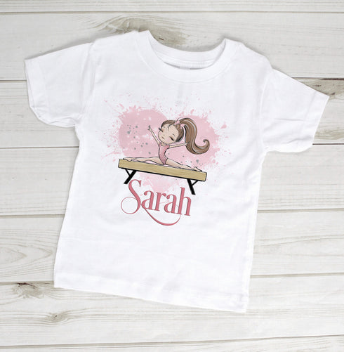 Children's White Cotton Personalised T-shirt - Gymnastics Dancer on a Beam Letter and name