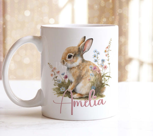 Personalised gift mug, White or Pink Handle Mug, Gorgeous Bunny Rabbit and Flowers, Easter Gift Ideas